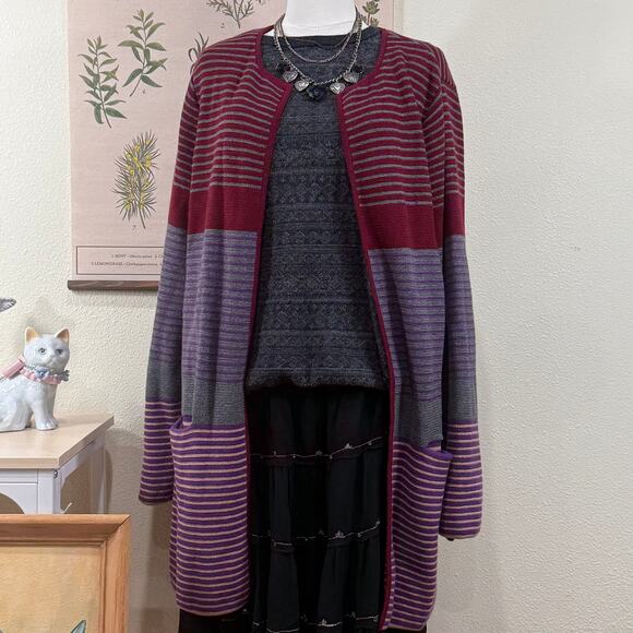 Talbots Multi Stripe Long Open Front Cardigan Sweater Whimsigoth Whimsy Witchy L - Picture 1 of 6